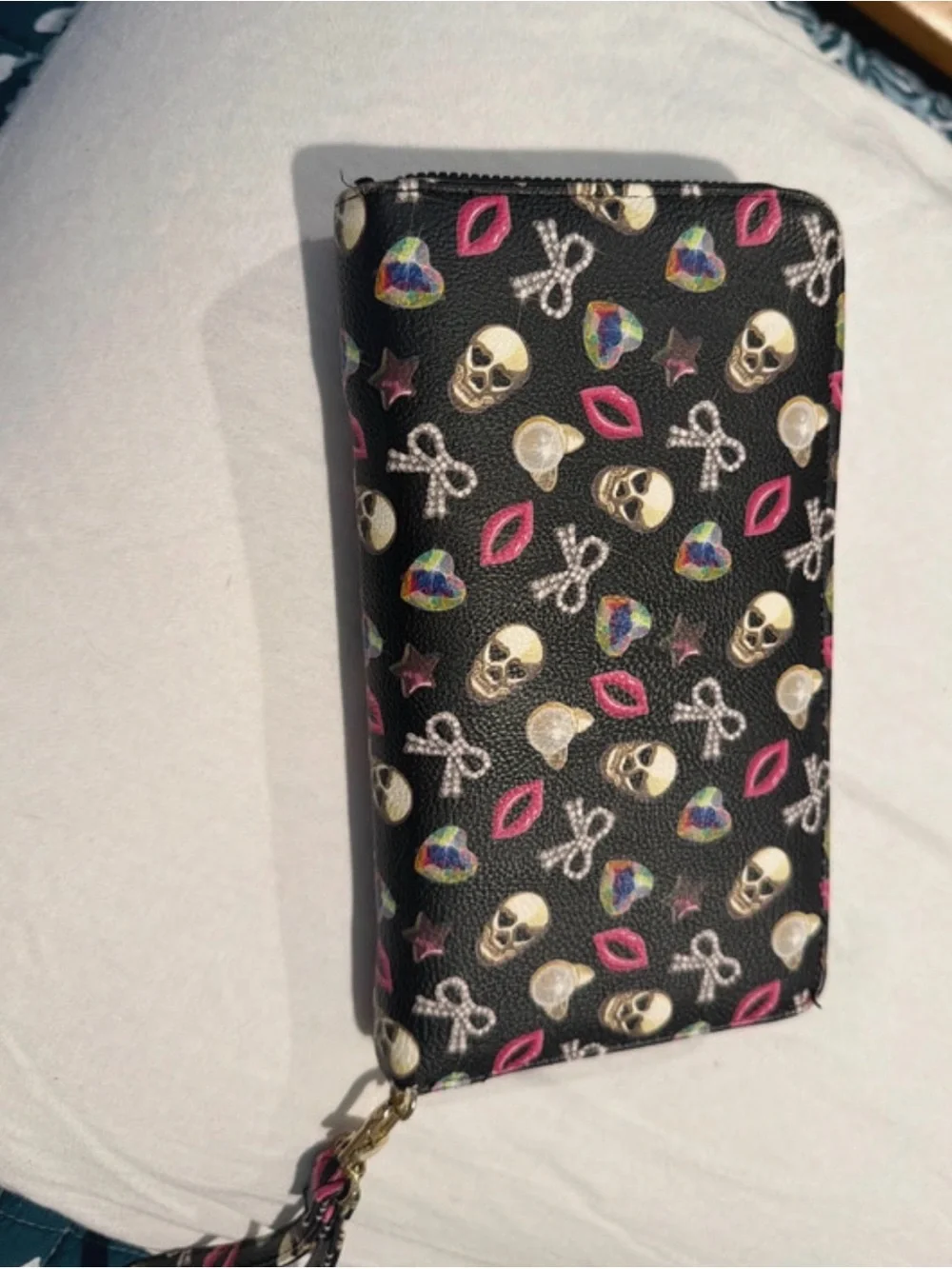 Luv Betsy Black Wristlet Wallet with Colorful Skull & Lip Print